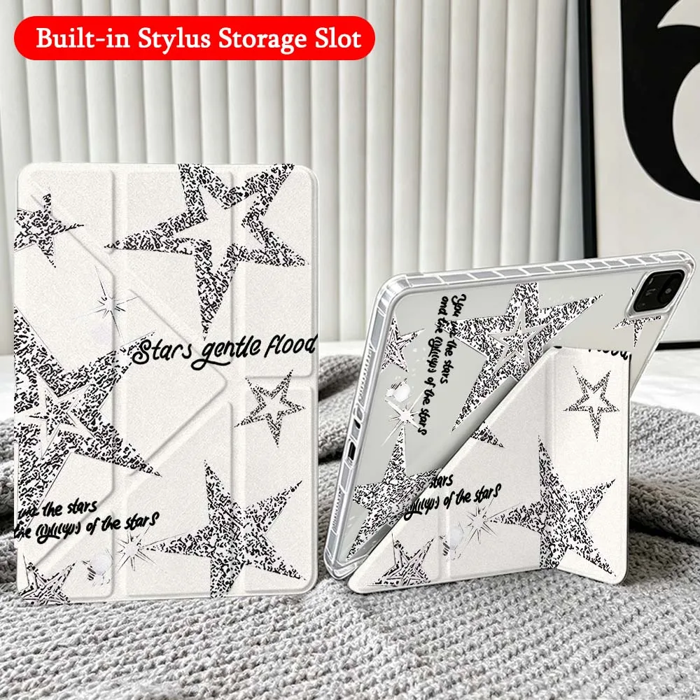 Cartoon Moon Star Pattern For Xiaomi Redmi Poco Pad 5 6 7 8 Pro SE 11 11.2 12.1 Inch Transparent Y-Shaped Folding Tablet Case