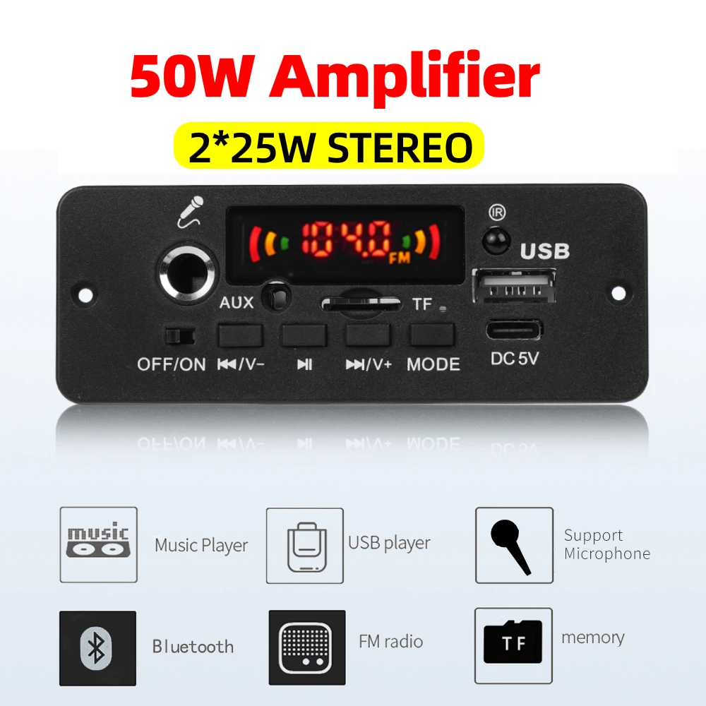 DC 5V Bluetooth 5.0 MP3 Decoder Board 50W 10W Amplifier MP3 Player Support Call Recording 3.5mm USB TF FM for Module Car Speaker