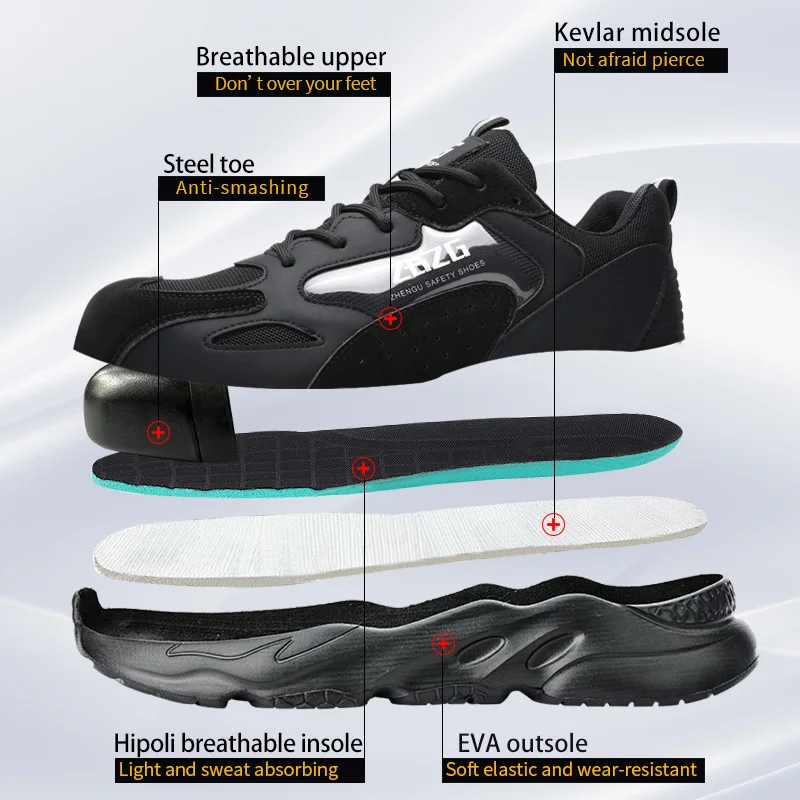 New Black Work Safety Shoes Anti-smash Anti Puncture Work Sneakers Steel Toe Shoes Lightweight Comfort Protection Shoes Security