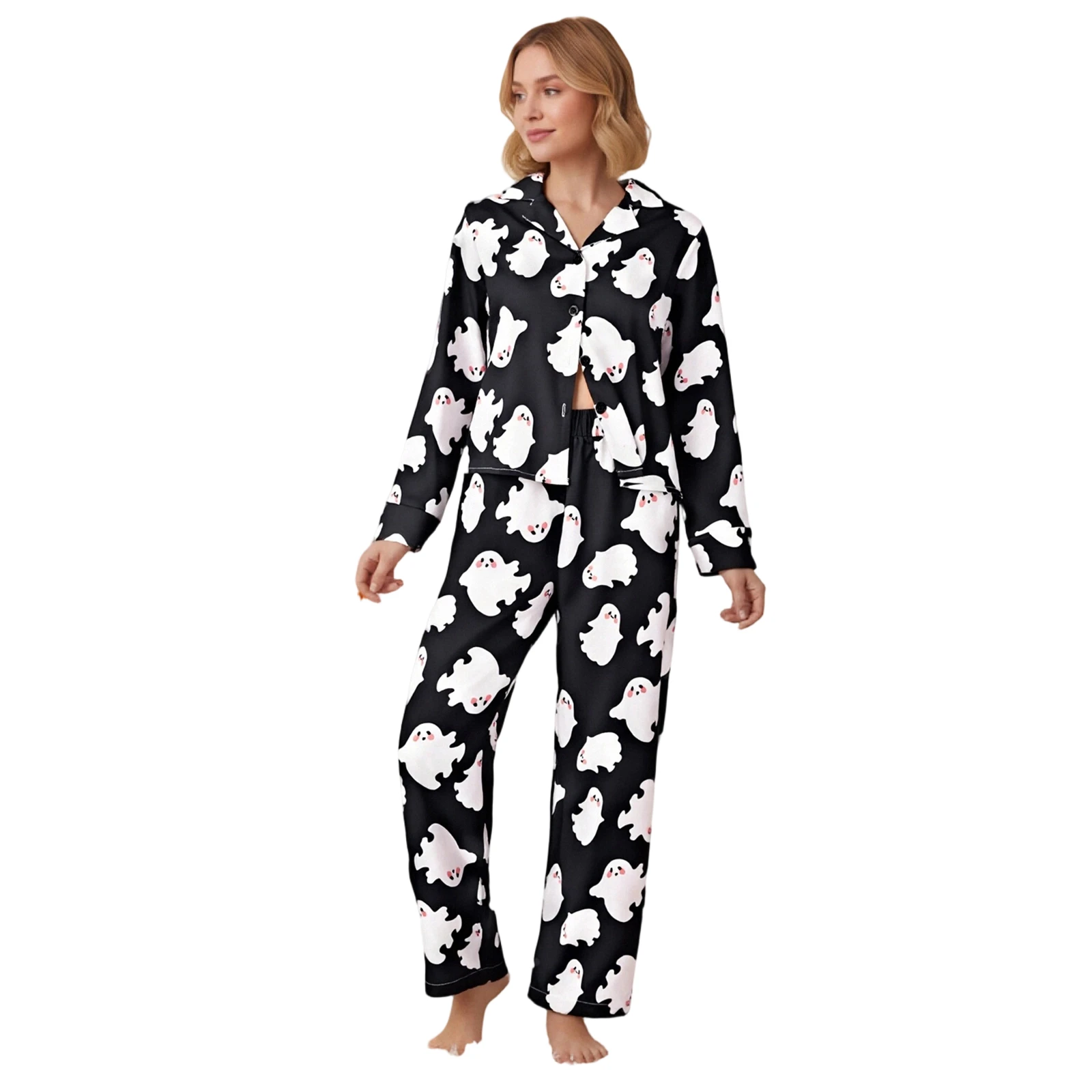 

Women’s 2 Piece Halloween Pajamas Set Cute Long Sleeve Cartoon Print Shirt Pants Set Lounge Clothes