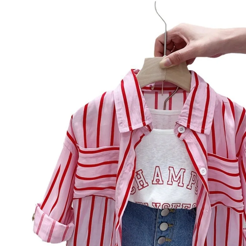 Children's Clothing Sets Striped Long-sleeved Shirt + Monogram Printed Vest+Denim Shorts 3pcs Clothes for Kids Girl 3 To 7 Years