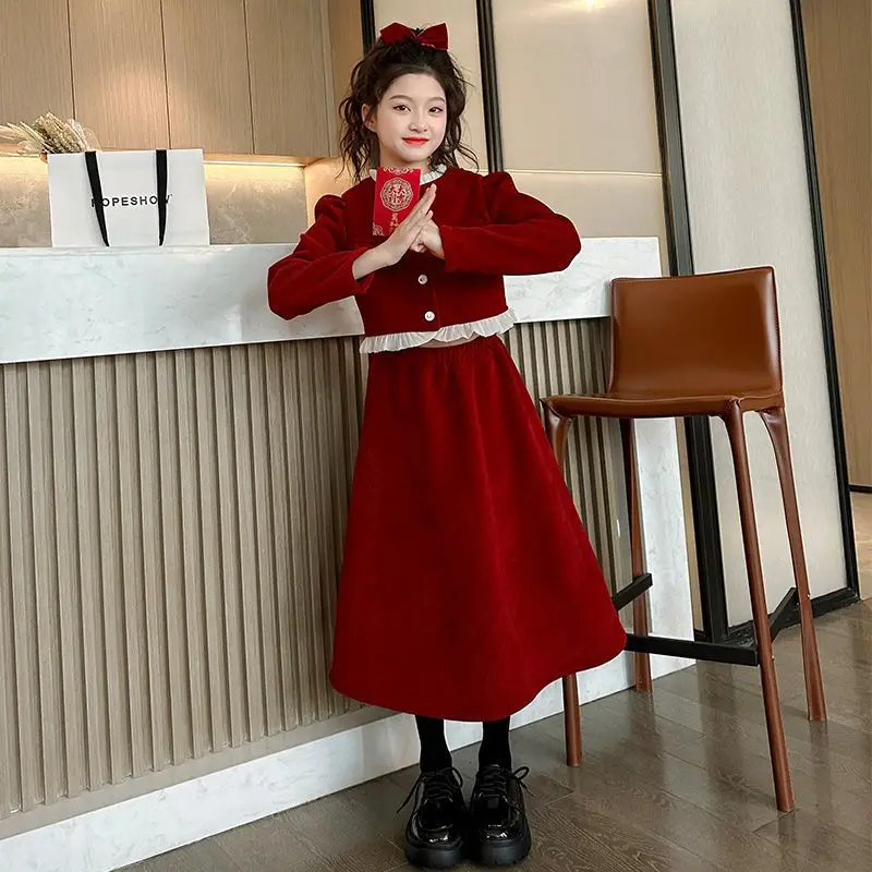 2026 Autumn Wwinter kid Girls Clothes set Child crop top slim retro red Cardigan + bottom loose long skirt 4 8 10 12 new year