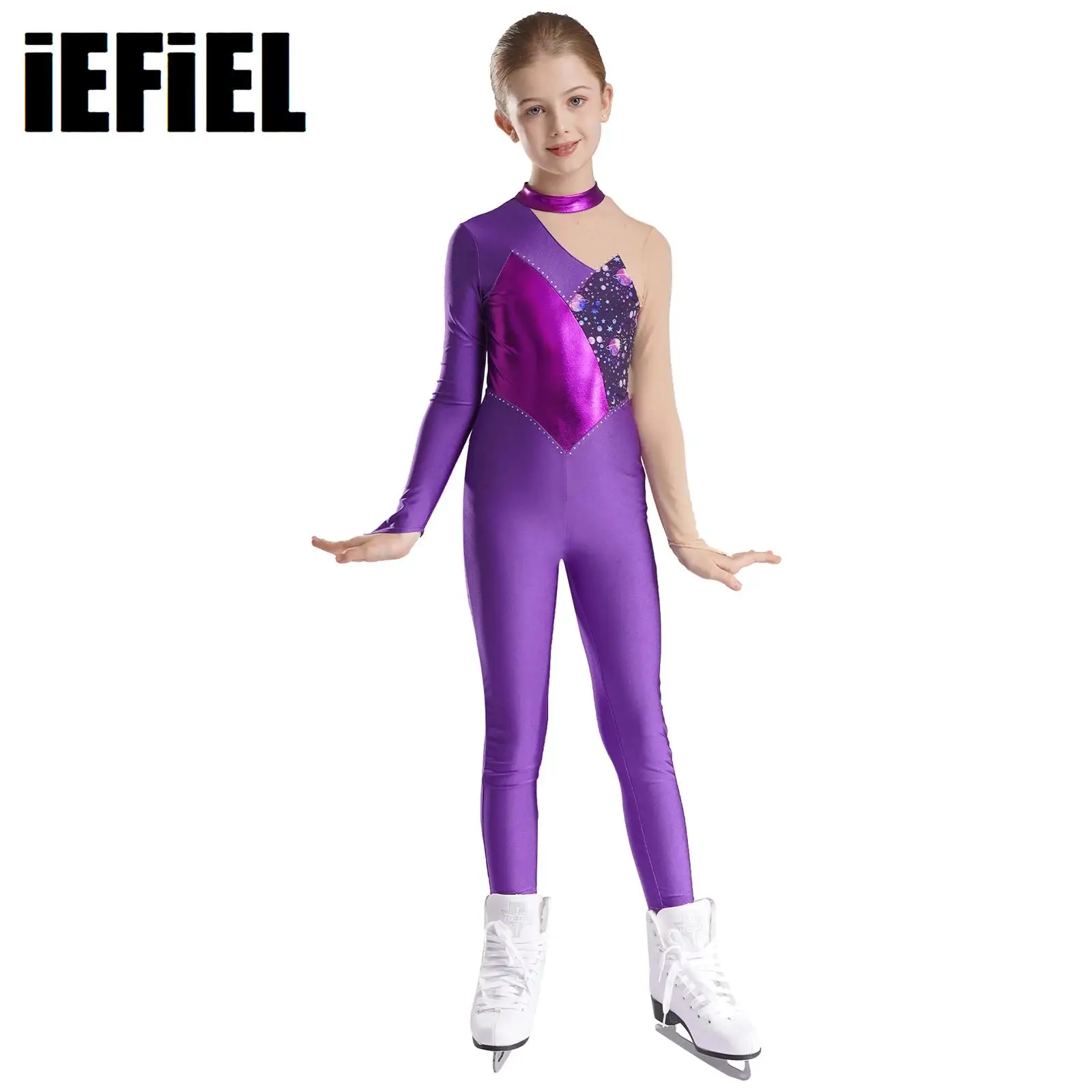 

Kids Figure Skating Jumpsuit Girls Metallic Patchwork Printed Mock Neck Mesh Long Sleeve Bodysuit for Dance Gymnastics