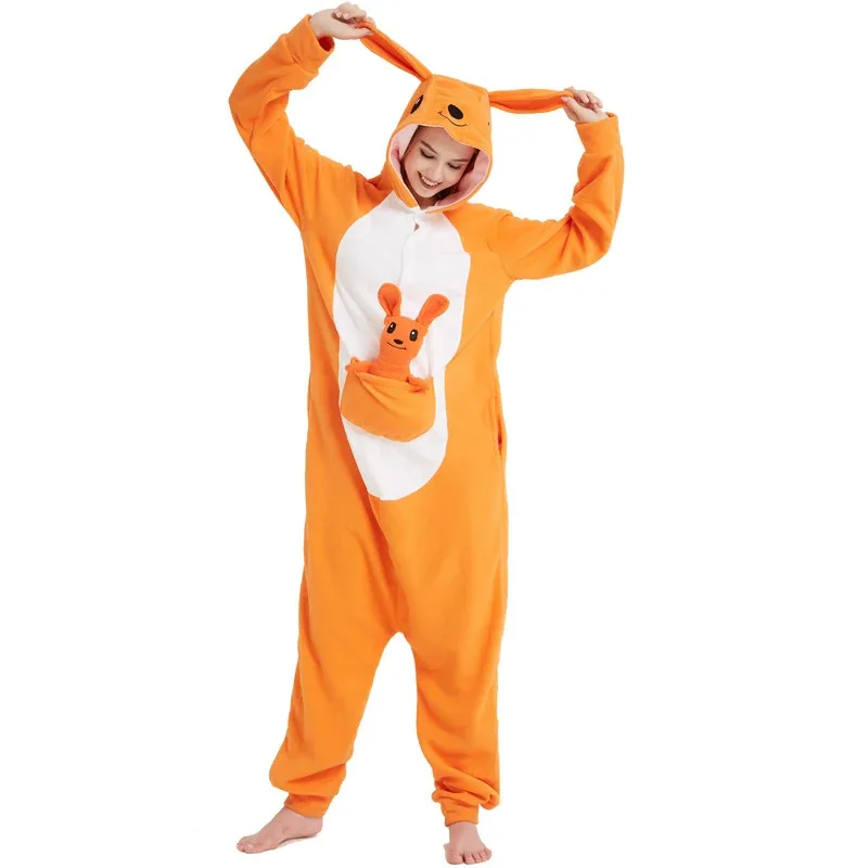

2025 New Women Pajamas Kangaroo Kigurumi Men Onesie Adult Fleece Anime Couple One-Piece Sleepwear Christmas Cosplay Costume Whol