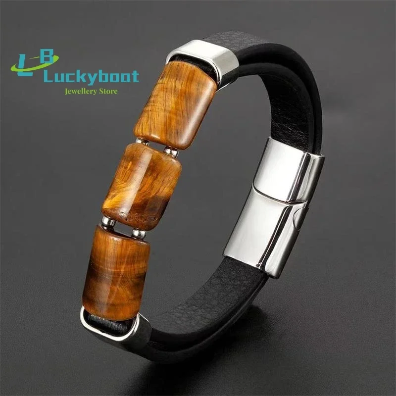 

Новый ретро-стиль Lucky Natural Tiger Eye Stone Ювелирные изделия Мужской браслет из нержавеющей стали Классический кожаный браслет из веревки