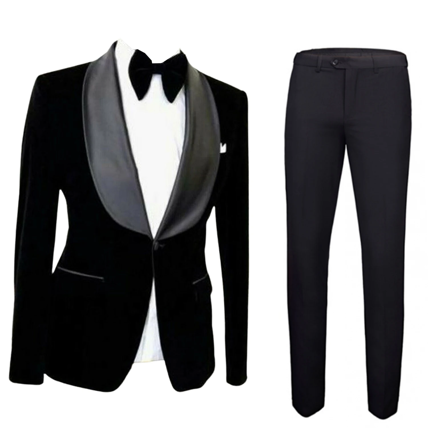 Men\'s Black Velvet Jacket & Black Pants Suit Shawl Lapel One Button Wedding Prom Speech Christmas Party Prom Casual Suits