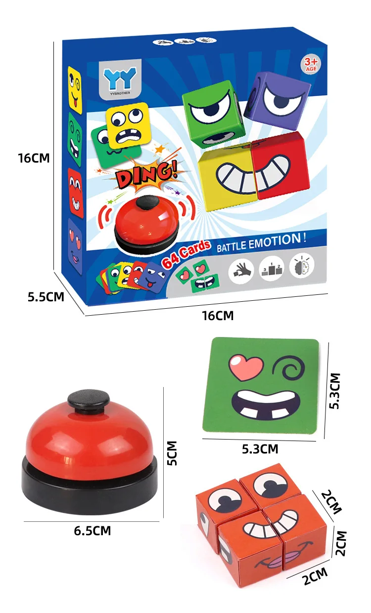 Jeu de société familial Rubik's Cube pour enfants avec cloche, 64 cartes, 16 blocs, jouet éducatif pour enfants, vérité ou défi, fête