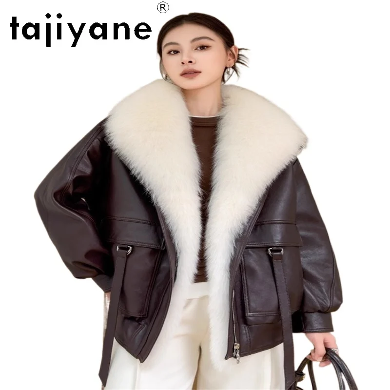 TAJIYANE سترة جلدية من جلد الغنم امرأة الثعلب الفراء طوق أوزة أسفل معاطف قصيرة سترات من الجلد الحقيقي 2025 ملابس الشتاء النساء long cokт #1