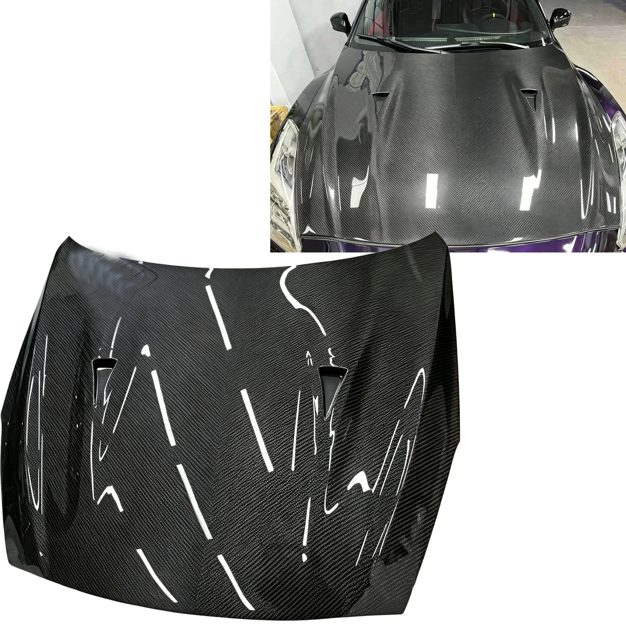Powerhouse Amuse Style Real Carbon Fiber Vented Hood Bonnet for Nissan 370Z Z34 Forged Honeycomb 3K Twill Carbon Fiber Hoods