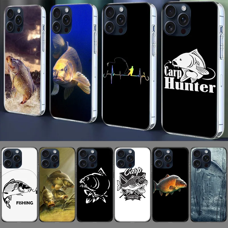 Carp Fishing Clear Case For Apple iPhone 12 13 Mini TPU 11 14+ 15 16 Pro Max Capa Plus XR X XS Max Phone Cover Silicone Cute Fun