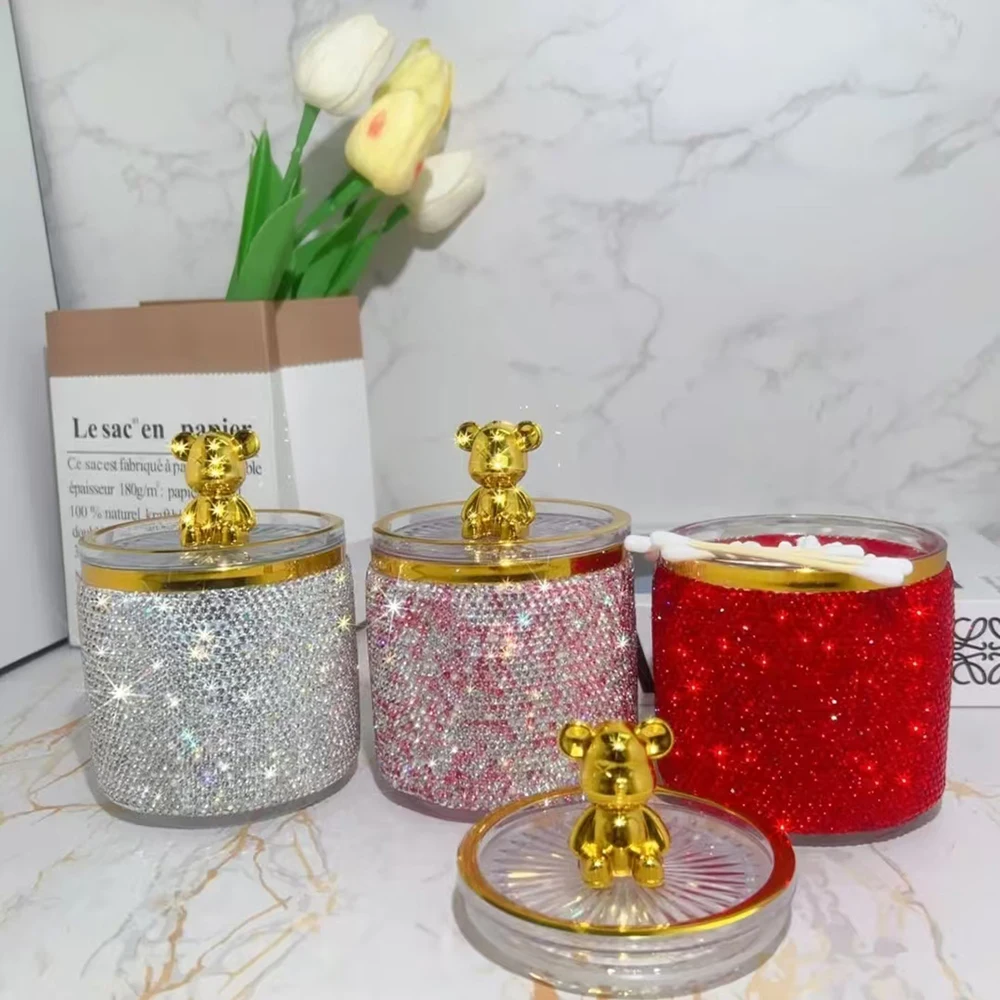 Sparkling Diamond Toothpick Box With Bear Lid Cotton Swab Storage Case Storing Cotton Swabs Dental Floss Toothpick Jar Organizer view 2