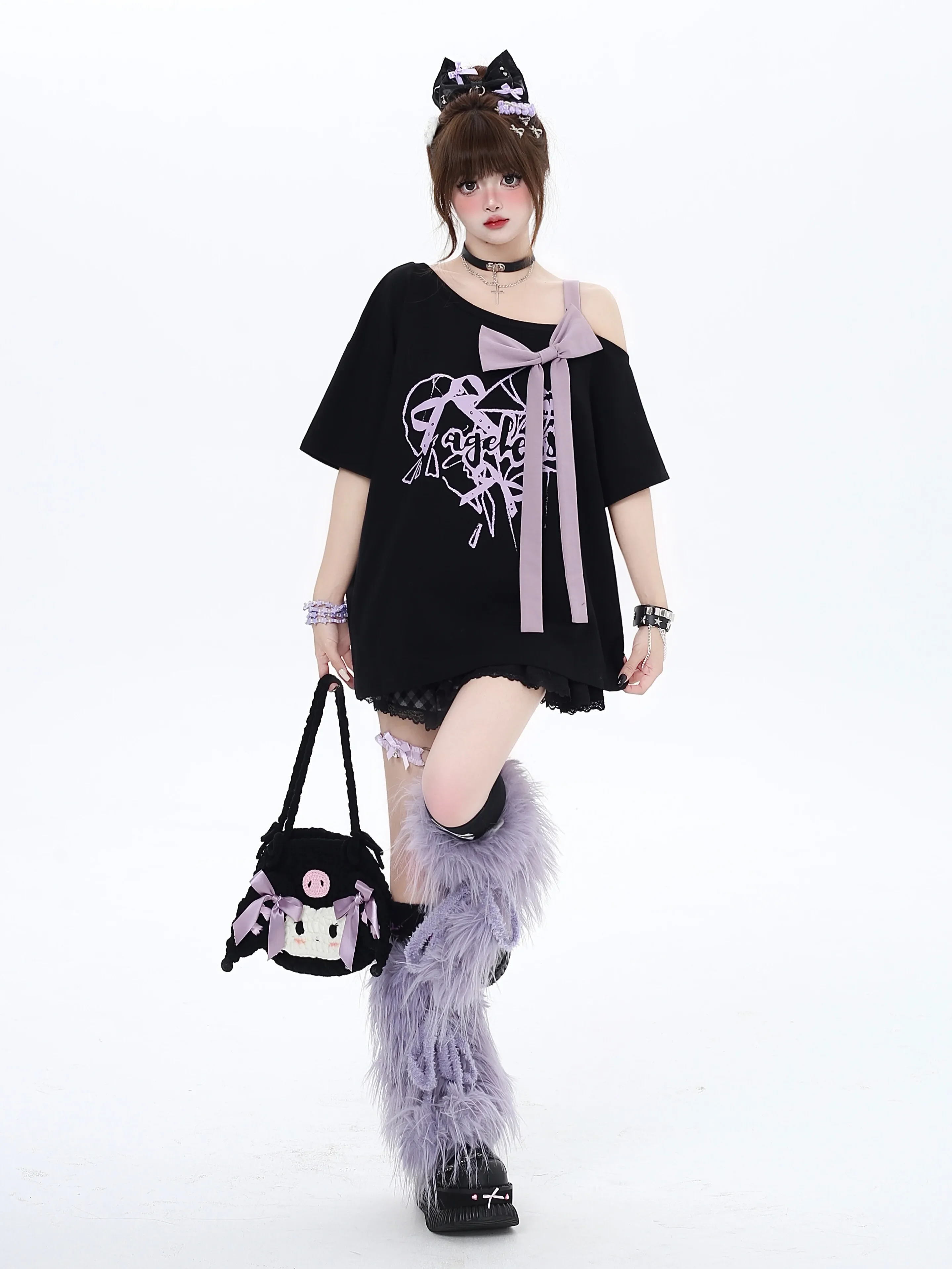 Original Y2K Girls Cute Bow Off-the-shoulder Loose T-shirt Summer Sweet Cool Purple Black Cotton Tee Fashion Tops