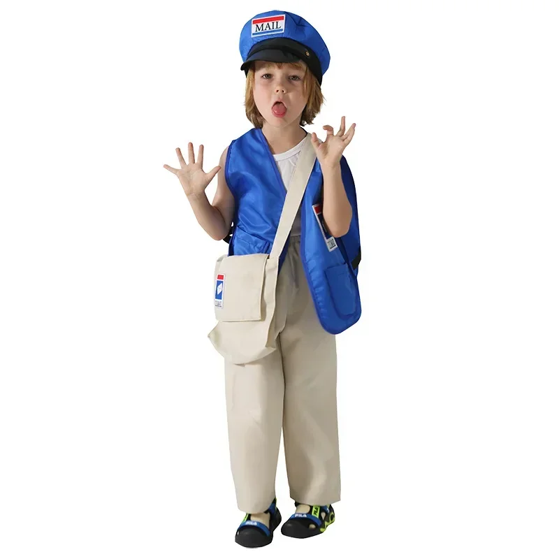 Courier Children Mr. Postman Costume Boy's Blue America Mailman Costume for Kids Mail Carrier Uniform