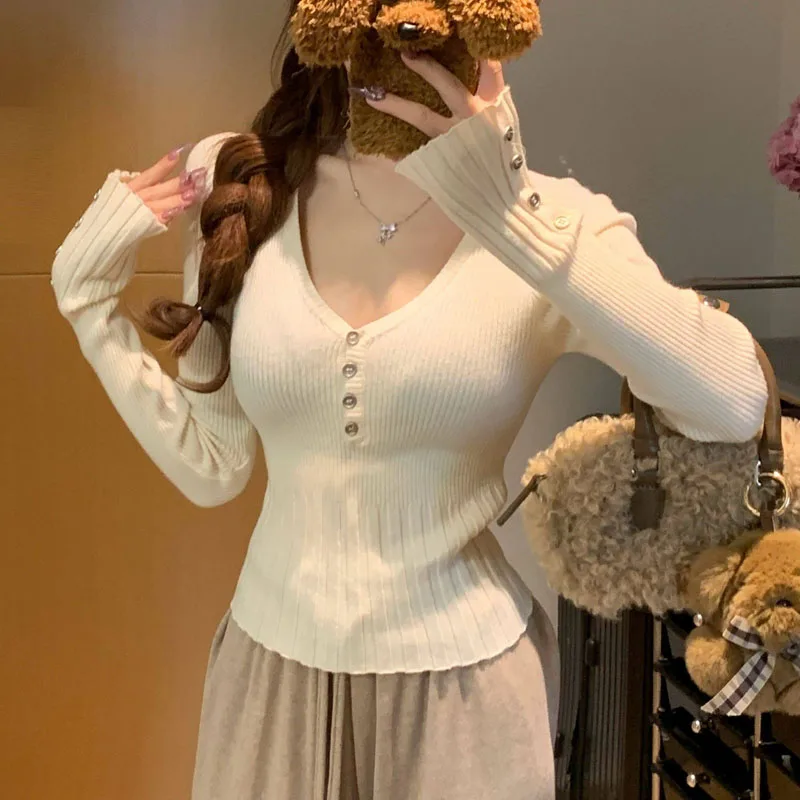 여성 의류 니트 스웨터 여성 풀오버 신상 슬림 블랙 긴팔 브이넥 니트 스웨터 풀오버 여성 상의 스웨터 Q2562