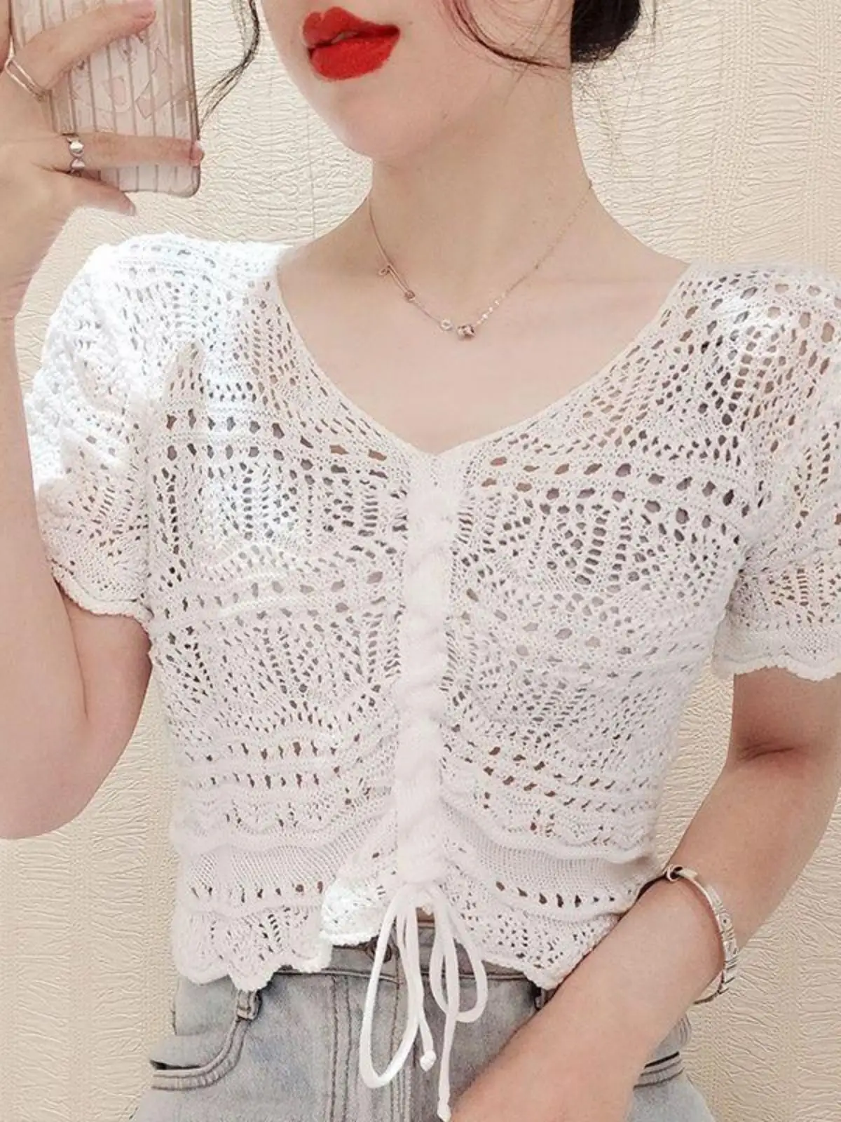 Kanten rand Dstring Knitwear ort Sve Dames losse ell top chiffon blouse uitgehold ontwerp zomer faion dames cl...