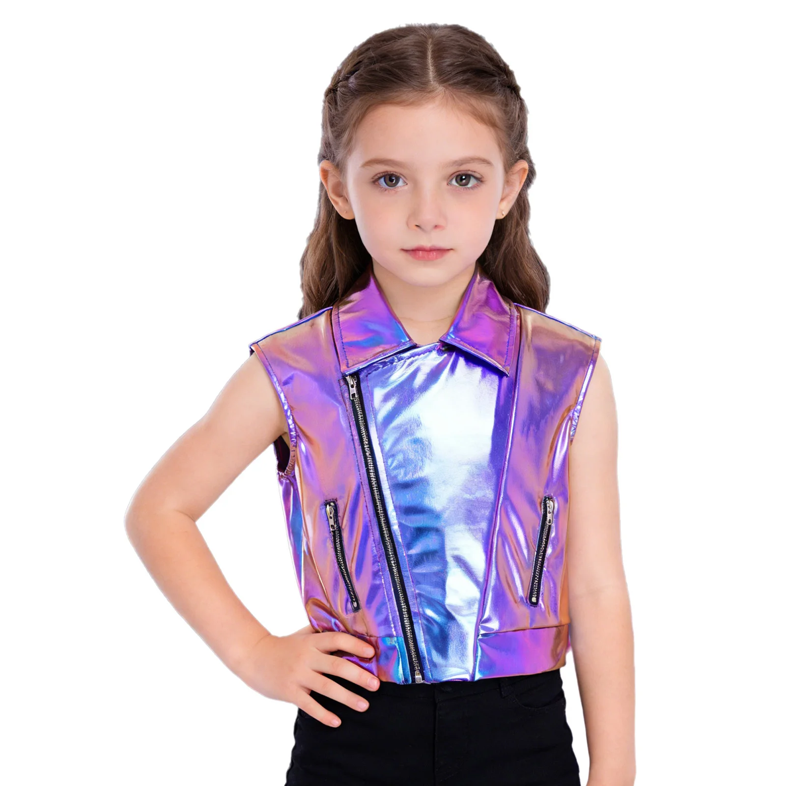 Kids Boys Girls Metallic Disco Jazz Waistcoat for Modern Hip Hop Dance Stage Performance Turn-Down Collar Sleeveless Zipper Vest
