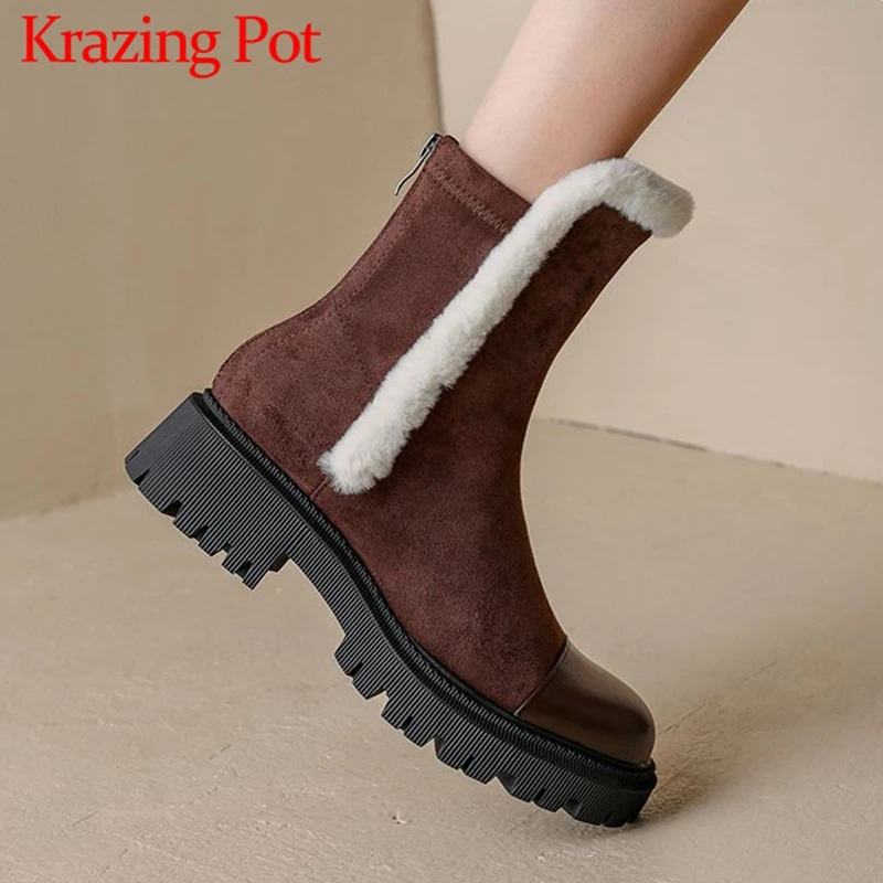 

Krazing Pot Cow Leather Flock Round Toe Med Heels Snow Boots Vintage Cold-resistant Slip on Rage Classic Kpop Style Ankle Boots