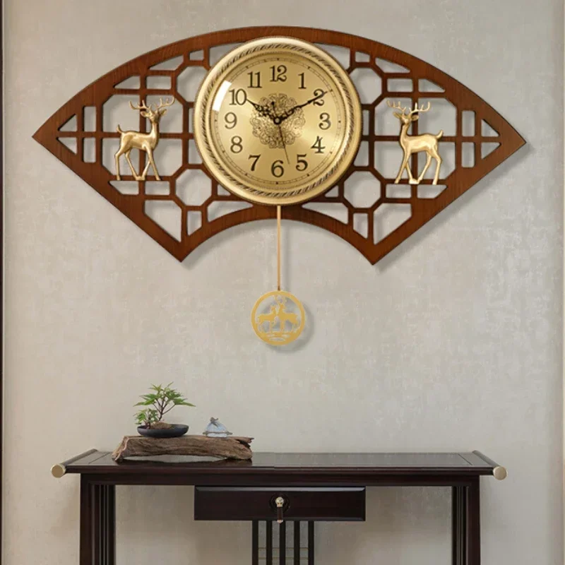 

Chinese Style Clock Fan-Shaped Wall Clock Living Room High-End New Mute Atmospheric Solid Wood Electronic Clock Wall Hanging