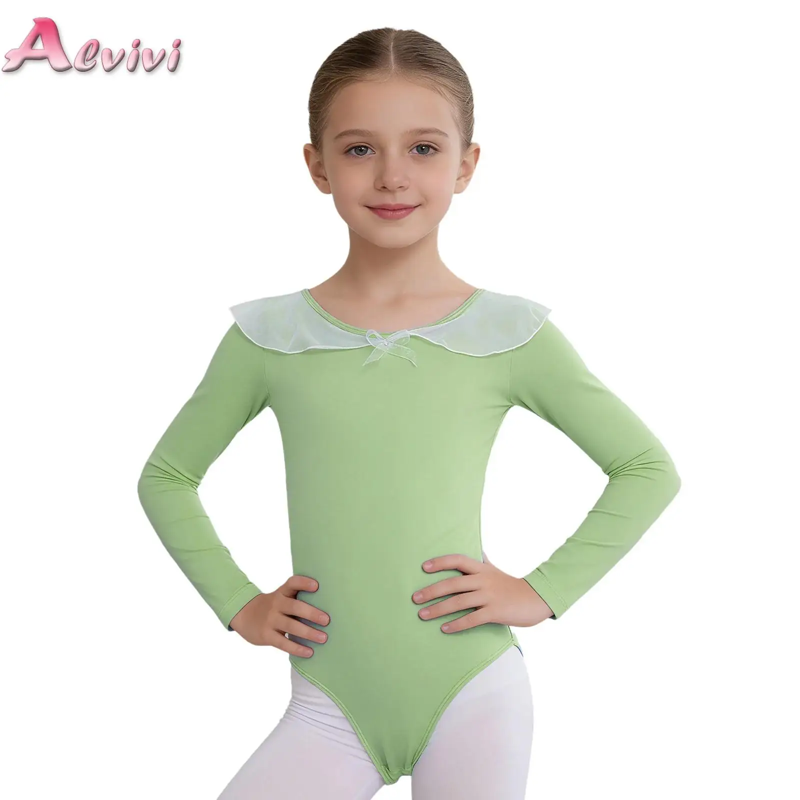

Kids Girls Long Sleeve Mesh Ruffles Collar Ballet Leotard Press Button Crotch Leotard for Gymnastics Dance Practice Performance