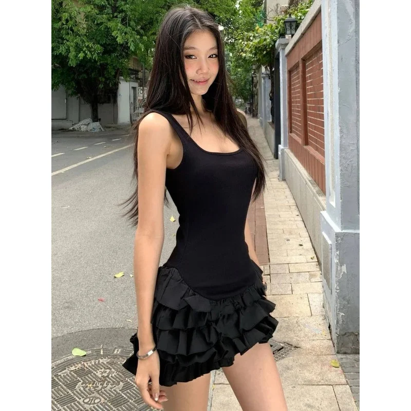 Abito nero dolce camis donna moda estiva volant patchwork streetwear abito tutu sexy mini abiti senza maniche sottili femminili