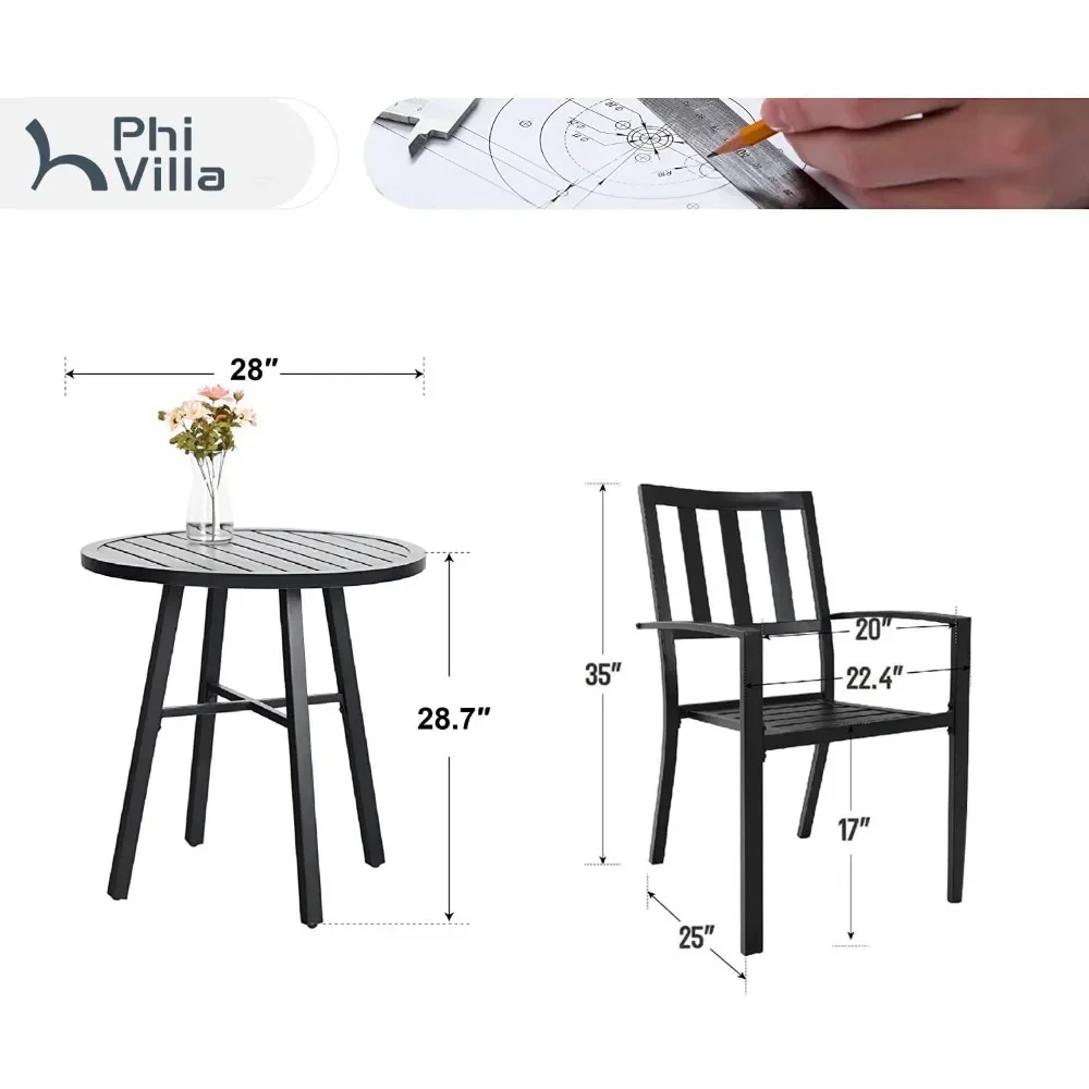 屋外パティオビストロダイニング3点セット、スラットメタルラウンドテーブルとパティオチェア2脚、ポーチ用屋外家具セット