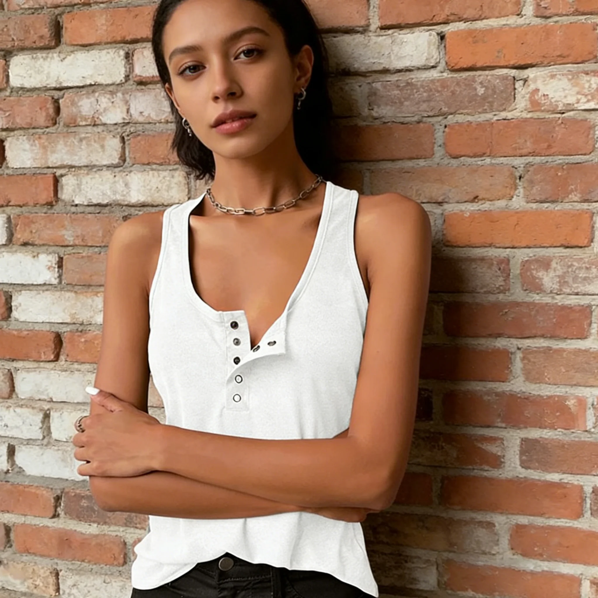 2026 European American Women’s Solid Color Sexy Ribbed Button Down Vest Top Versatile Daily Inner Outer Wear T Shirt