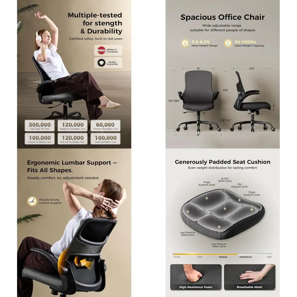 

Office Chair, Mesh Ergonomic Desk Chairs, Comfy Computer Gaming Chair with Adjustable Height & Flip-up Armrest, Lumbar Support &