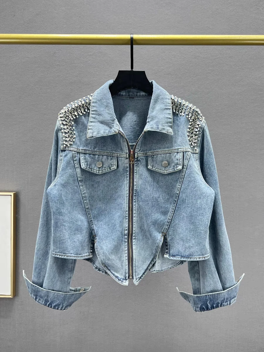 Short Fashion Denim Jacket Women's New Spring Slim Fitting Long-sleeved Jacket With Diamonds