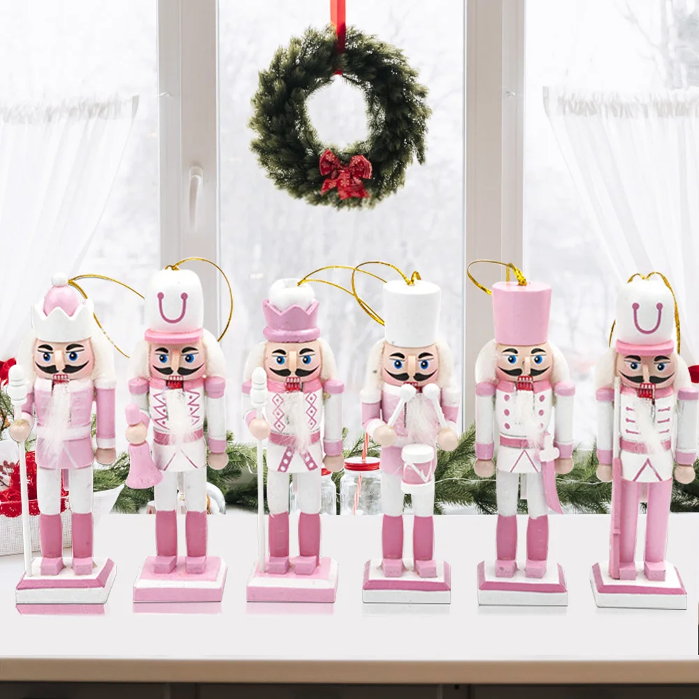 12CM Nutcracker Soldier Puppet 6 Piece Set Garland Pink White Home Ornaments Merry Christmas Decorations Holiday Gift Pendant