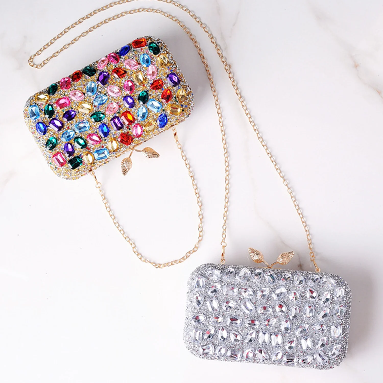 Bling Bling Crystal Beaded Colorful Bridal Wedding Clutch Bag Women Metal Square Prom Dinner Handbags One Shoulder Middle East