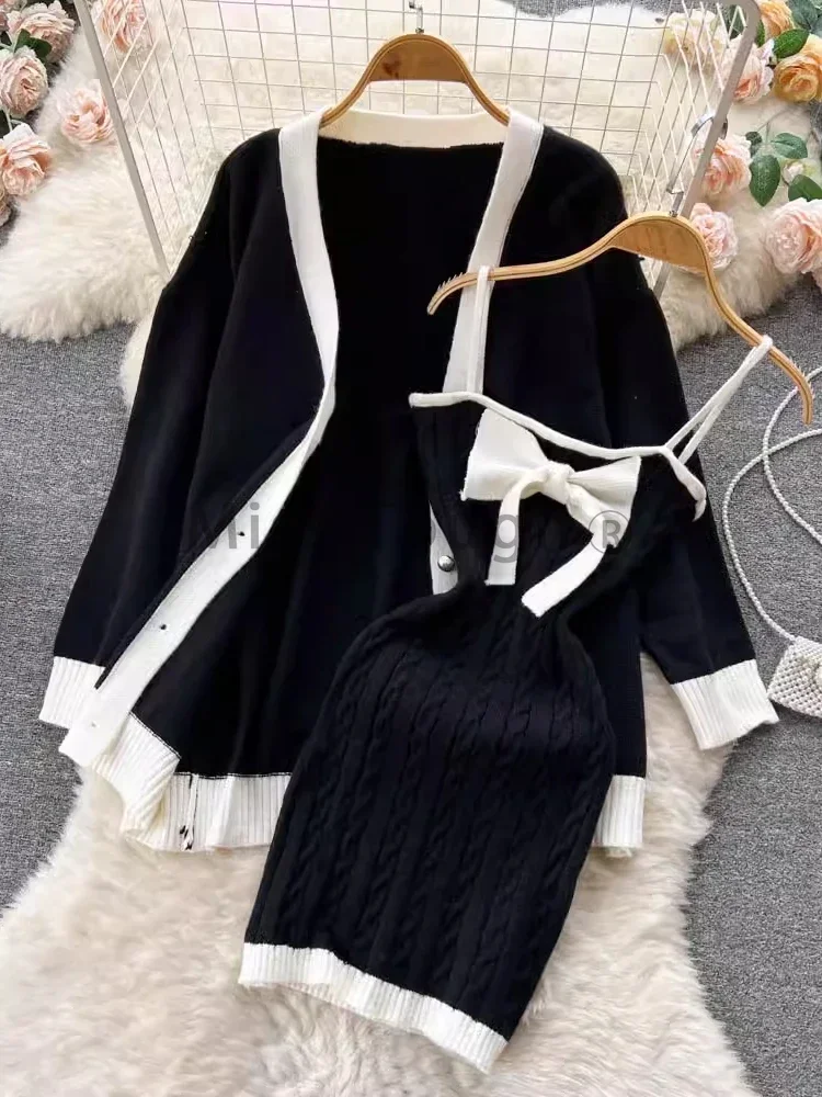 2023 Winter Elegant Knitted New 2 Piece Set Women Bow Y2k Vintage Mini Dress + Sweater Coat Female Korean Fashion Casual Sets