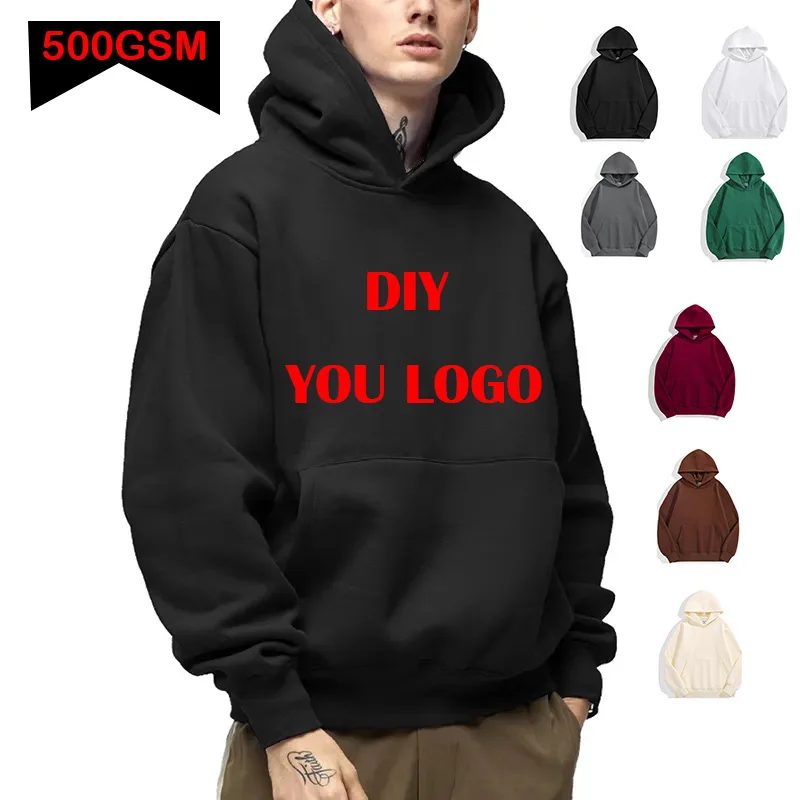 Fai da te Personalizza il LOGO del tuo marchio 500GSM Pesante Nuovo Autunno Inverno Casual Cotone spesso da uomo Top Felpa con cappuccio in tinta unita