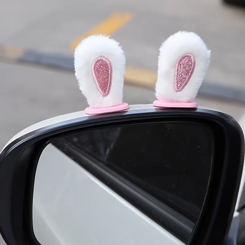 1 Pair Plush Rabbit Ears Car Rearview Mirror Ornament, Cute Automotive Charm, Universal Car Decor Accessories For Daily Use Cars