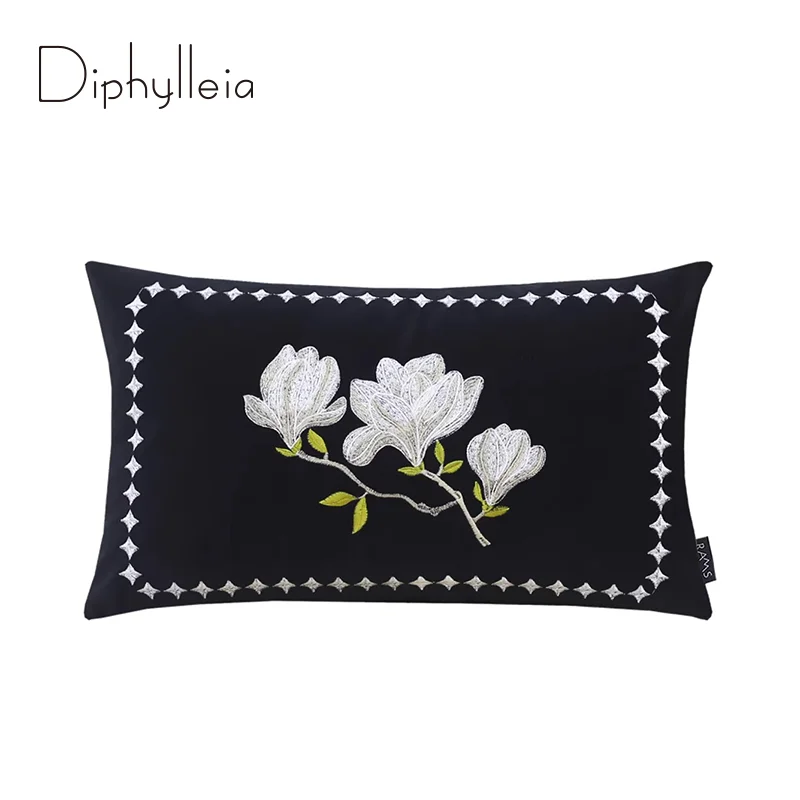 Diphylleia Magnolia Floral Embroidered Throw Pillow Cushion Cover French Nature Essence Beauty Blooms Accent Pillow Case 50x50cm