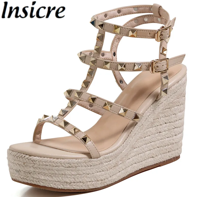 Insicre Platform High Heels Sandals Women Designer Open Toe Studded Solid Color Wedges Sexy Runway Party Summer Shoes