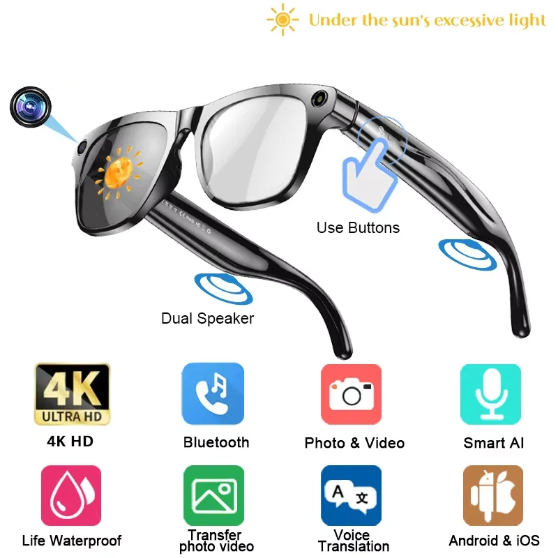 4K HD AI Smart Glasses 800w Pixel Multifunctional Camera Bluetooth Call Voice Assistant Music Player Smart Translation image 3