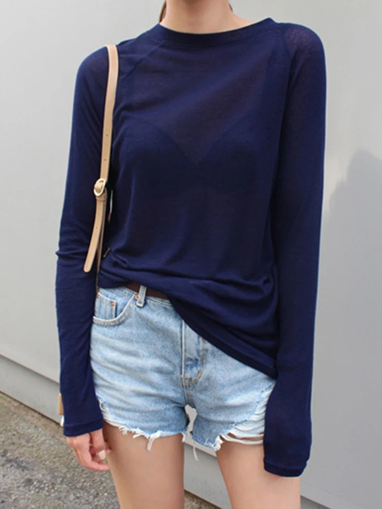 Korean Style Top Spring Summer Blue Casual T-Shirt For Women Thin Slightly Translucent Sexy Long Sleeve Tshirts Womens Tee Shirt