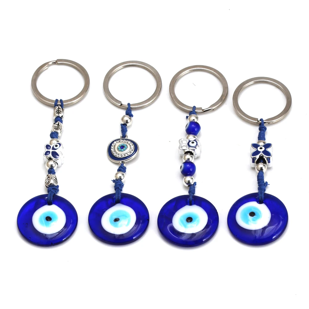 Lucky Eye Glass Round Pendant Keychain Turkish Evil Eye Charm Alloy Key Chain Bag Car Keyring llavero porte clé מחזיק מפתחות