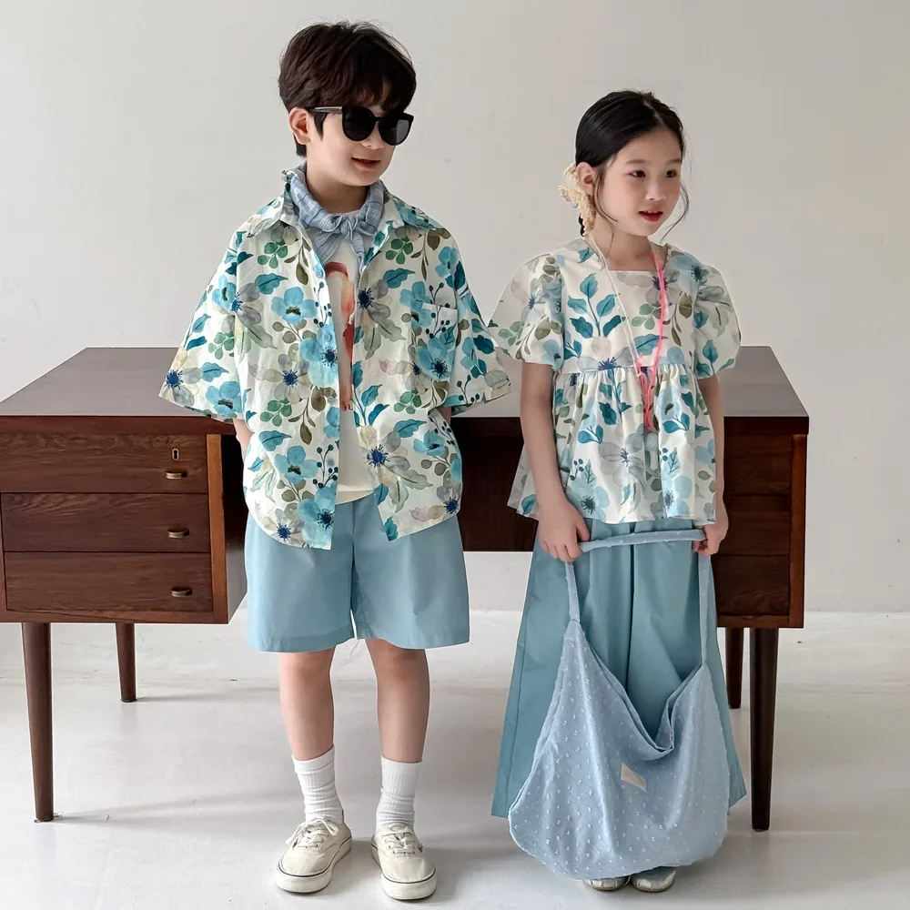 

Brother Sister Matching Vacation Outifits Sibling Look Baby Twin Clothes Girls Blouse Pants Sets Children Boys Tops Shorts Suit