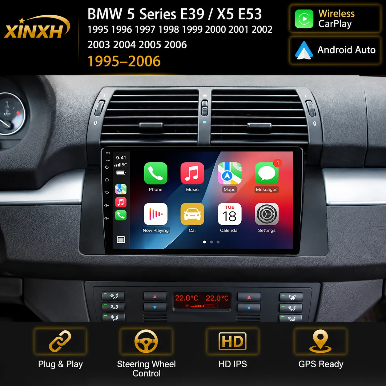 Car Stereo Radio for BMW 5 Series E39 X5 E53 Wireless CarPlay Android Auto Multimedia Navigation 2din Autoradio