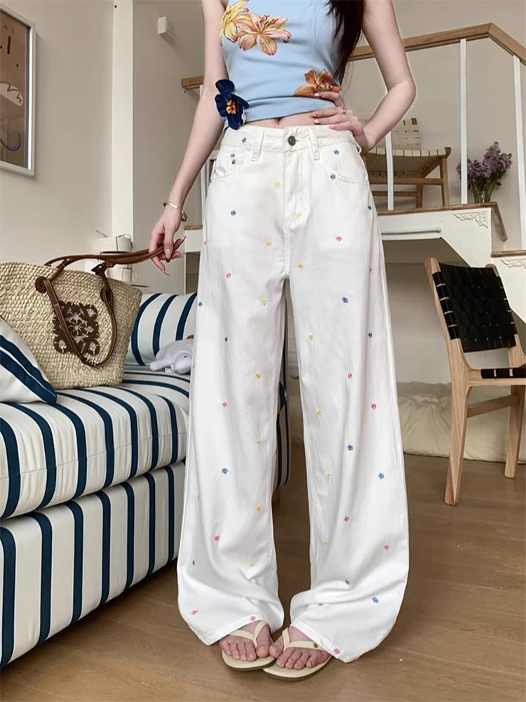 Pantalon blanc à jambes droites brodées florales pour femmes, taille haute décontractée, jambes larges, pantalon d'été ample, longueur au sol