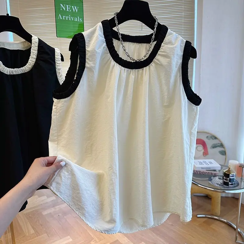 French design with contrasting color pleats and edging, sleeveless t-shirt for women, short sleeved shirt top