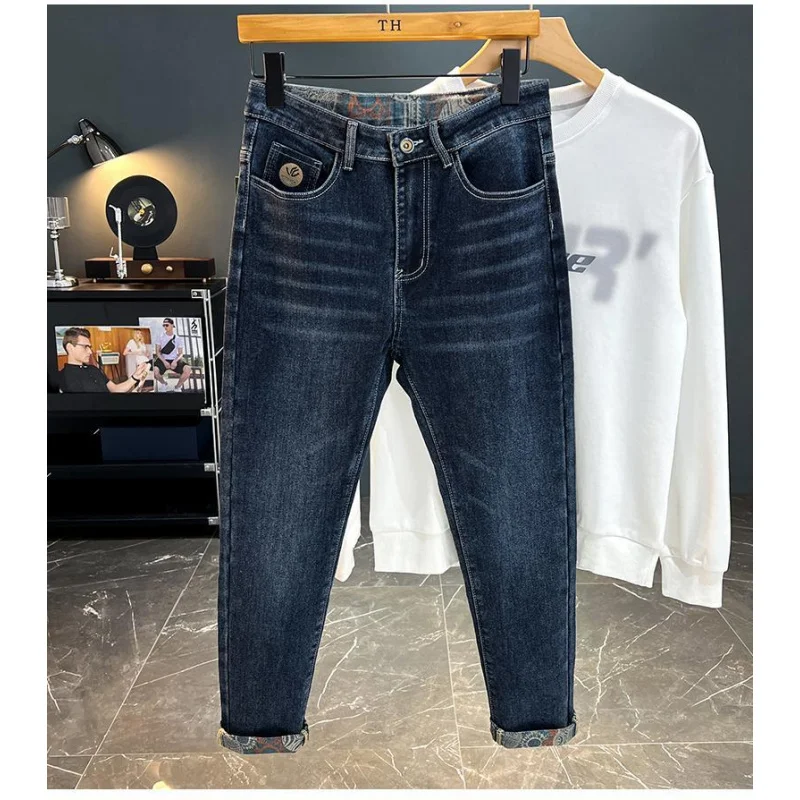 eans men's 2026 autumn new embroidered printed men's clothing slim fit elastic denim trendy casual retro pants