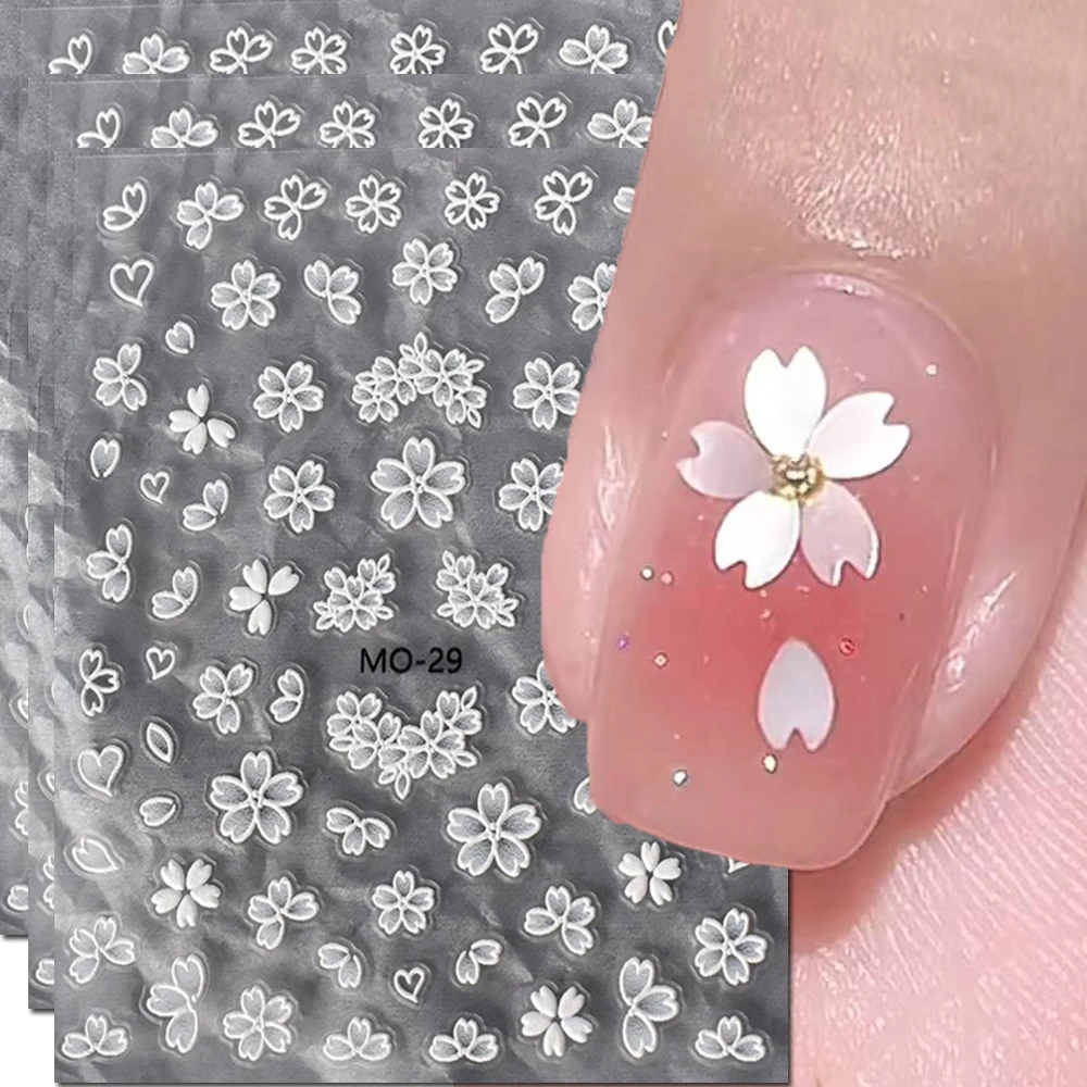 3pcs Transparent White Cherry Blossom Flowers 5d Embossed Nail Art Stickers Nail Decals For Nail Manicures Tips Decorated DIY
