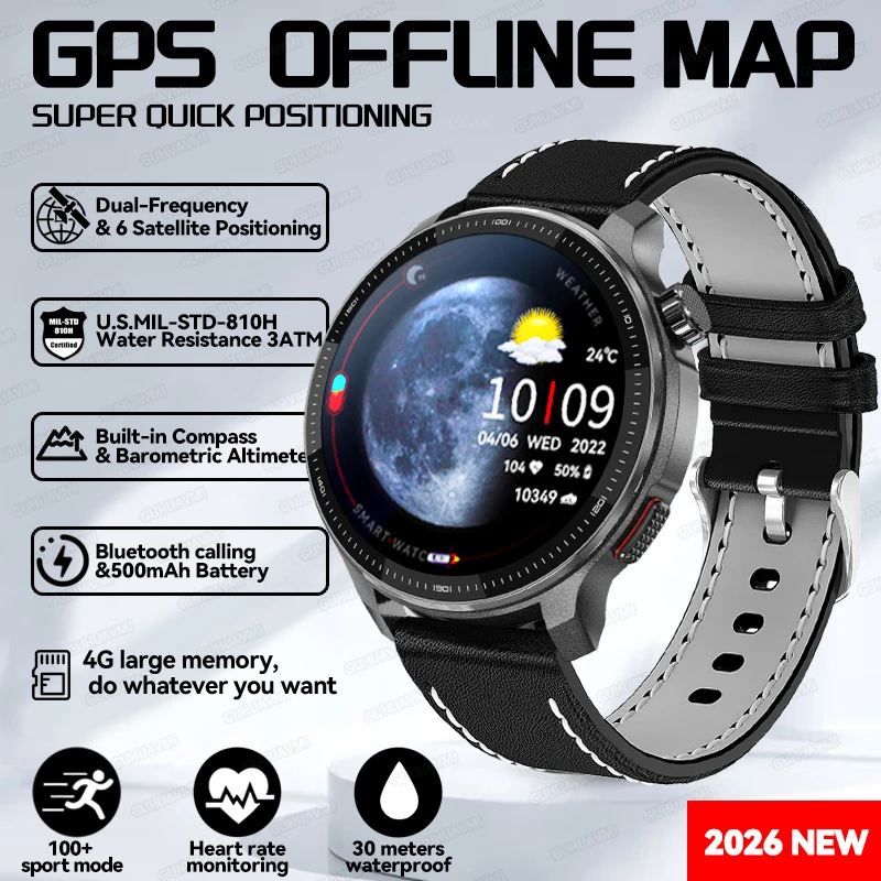 

2026Новые 1,43-дюймовые HD AMOLED военные ультра GPS умные часы со встроенной автономной картой 3ATM водонепроницаемый компас спортивные трекеры умные часы для мужчин