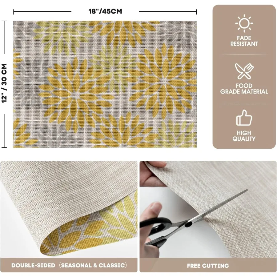 花柄プラスチックプレースマット4枚セット 12x18インチ 洗える滑り止めプラスチックビニールプレースマット パーティー キッチン ダイニングデコレーション イエロー ID