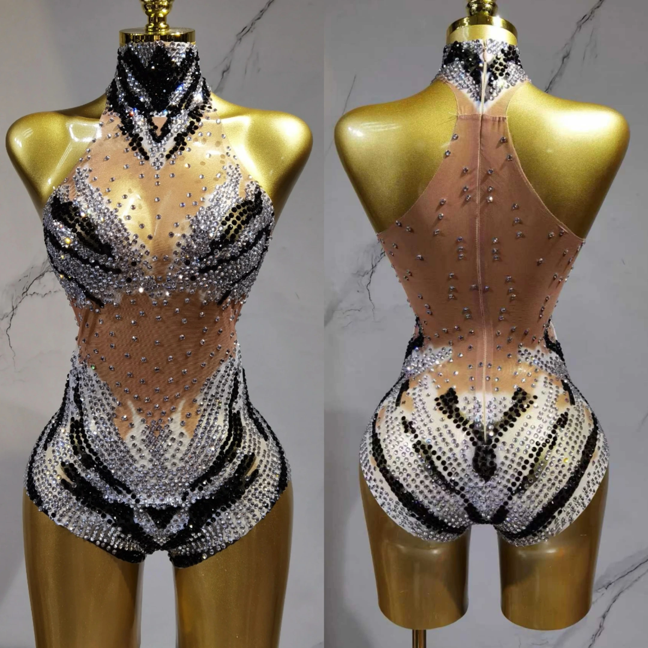 Zilveren strass stretch bodysuits met lange mouwen voor dames sexy avond luxe feest nachtclub toneelkostuum bodysuit