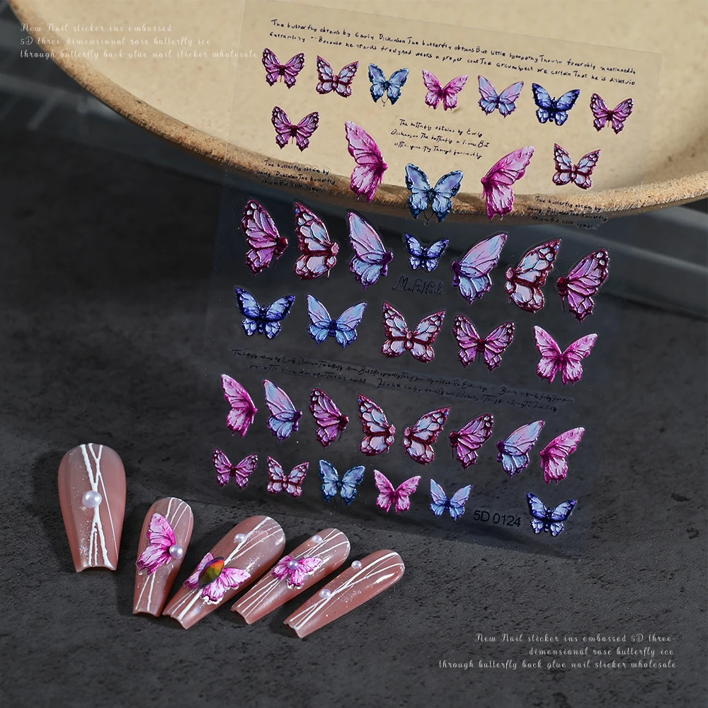 1pcs 5D Roze Vlinder Nail Art Sticker Fairy Vleugels Nail Slider 5D Relief Luxe Vlinder Lijm Manicure Decals Wraps