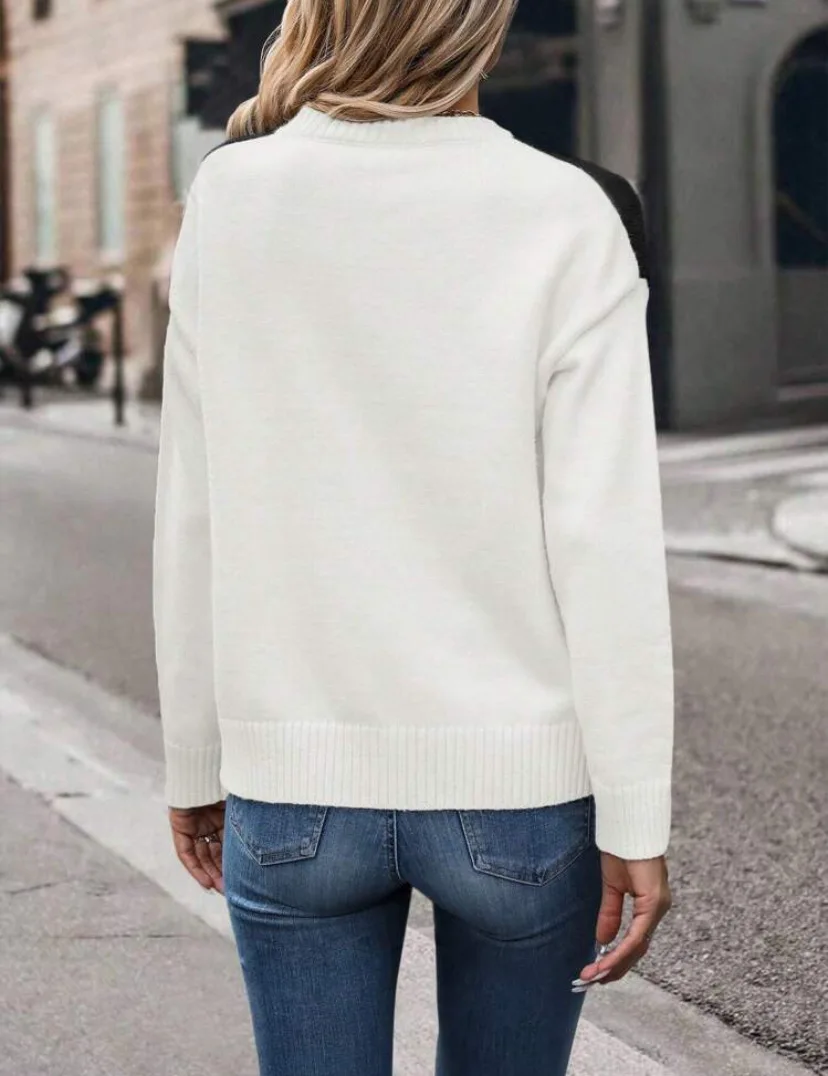 2025 outono e inverno em torno do pescoço irregular cor contrastante casual manga comprida solto pulôver de malha topo para mulher