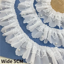 5CM Wide White Double Layers Pleated Chiffon Fabric Beaded Fringe Lace Ribbon Wedding Dress Collar Ruffle Trim DIY Sewing Decor